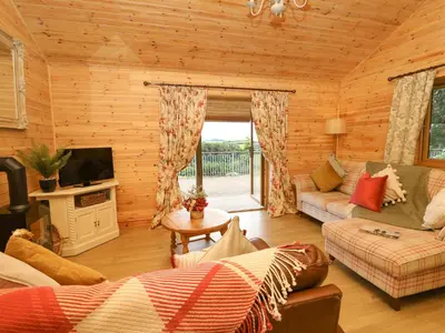 a log cabin living room with a tv and a couch at The Firs in Llanidloes