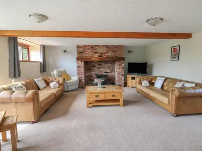 a living room with two couches and a fireplace at Glanyrafon in Rhayader