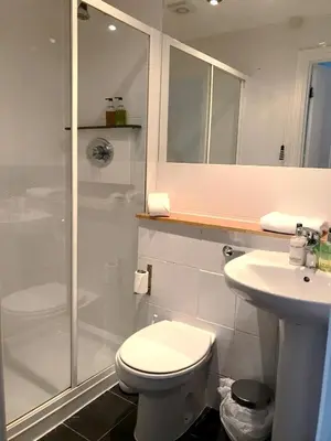 a bathroom with a shower and a toilet and a sink at Seabreeze Restaurant With Rooms in Aberdyfi