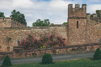 a brick wall with pink flowers on it at Rowton Castle in Shrewsbury