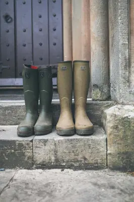 a group of four rubber boots sitting on a step at Rowton Castle in Shrewsbury