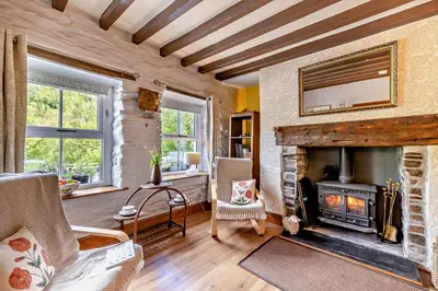 a living room with a fireplace and a mirror at 3 Bed in Machynlleth oc-bow43 in Corris