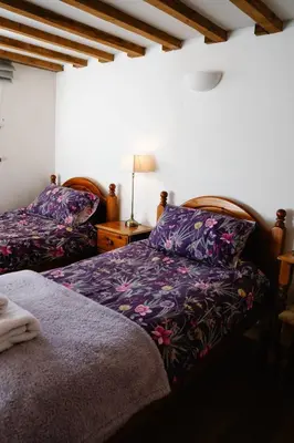 a bedroom with two beds with purple sheets and a lamp at Henllys Estate B and B in Llandovery
