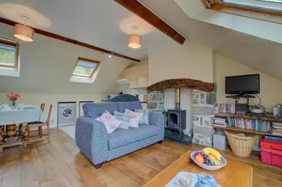 a living room with a blue couch and a fireplace at 2 Bed in Machynlleth oc-wad305 in Cemmaes