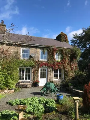 a house with a green dinosaur statue in front of it at Pen y Crug Cottage in Llanafan-fawr
