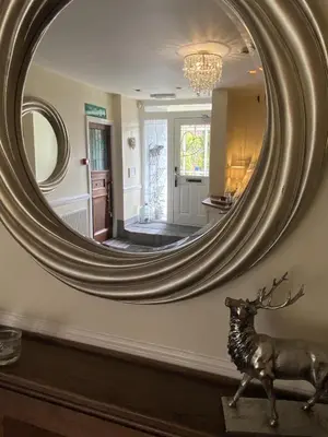a mirror on a wall with a deer statue in front of it at Rooms at The Usk in Talybont