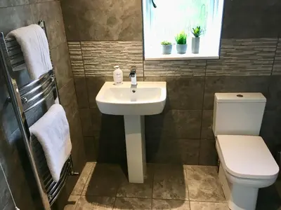 a bathroom with a sink and a toilet and a window at Winforton B&B in Winforton