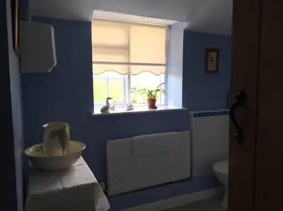 a blue bathroom with a sink and a window at Canol y Llan in Machynlleth