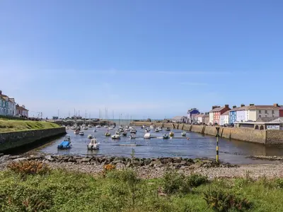 a group of boats in a river with houses at Water Street in Aberaeron