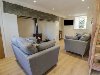 a living room with two couches and a fireplace at Y Cilgwyn in Blaenau-Ffestiniog