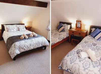 two pictures of a bedroom with two beds and a table at Waggoners Cottage in Montgomery