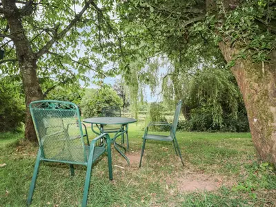 two chairs and a table under a tree at The Cow Cott in Peterchurch
