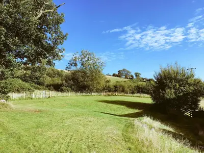 a field of grass with a fence and trees at Llwyn Llwyd Cottage in Brecon
