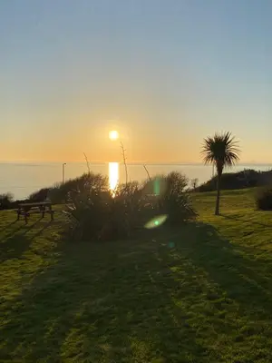 a sunset over the water with a bench and a tree at Hendre Coed Isaf Caravan Park in Barmouth