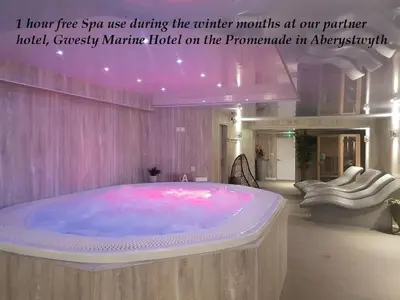 a large hot tub in a room with a pink wall at The Carthouse in Aberystwyth