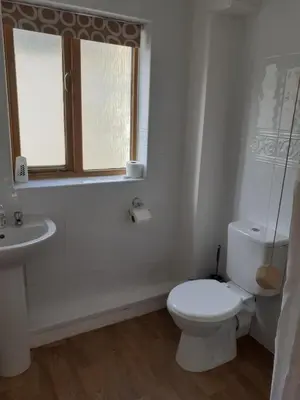 a white bathroom with a toilet and a sink at The Workshop in Aberystwyth