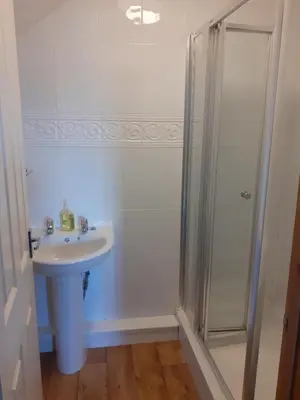 a bathroom with a sink and a shower at The Workshop in Aberystwyth