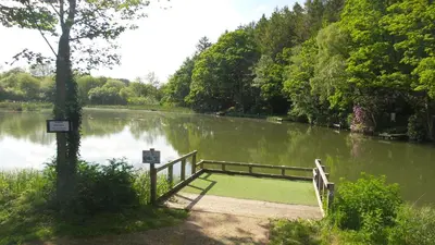 a pond with a green mat in the middle of it at 28 Riverside, Caer Beris Holiday Park in Builth Wells