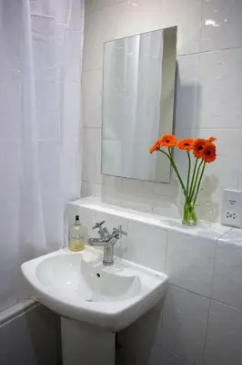 a bathroom with a sink and a mirror and a vase of flowers at Parc y Bryn Serviced Apartments in Aberystwyth