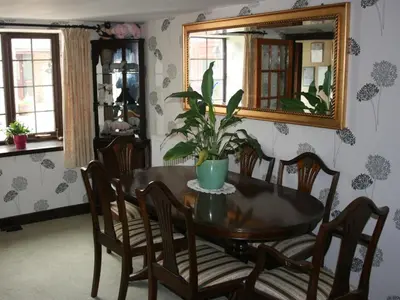 a dining room table with a potted plant and a mirror at The Old School House in Llanbrynmair