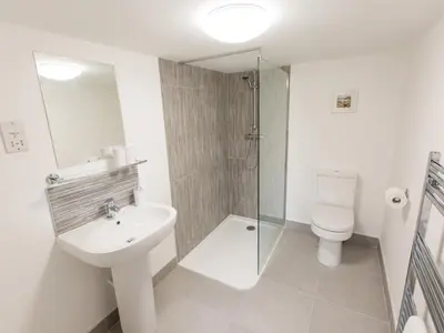 a bathroom with a sink and a toilet and a shower at Minafon in Llangollen