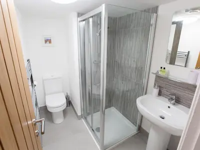 a bathroom with a shower and a toilet and a sink at Hafan in Llangollen