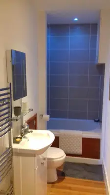 a bathroom with a toilet and a sink and a tub at Apartment Chic in Barmouth