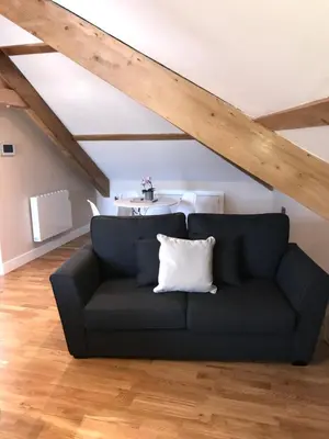 a living room with a couch in the attic at Apartment 4, 1 Laura Place in Aberystwyth
