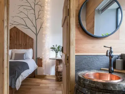 a bathroom with a bed and a sink and a mirror at The Pendre Longbarn in Pentre-briwnant