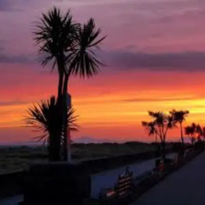 a sunset with palm trees and a body of water at 3 Park View in Barmouth