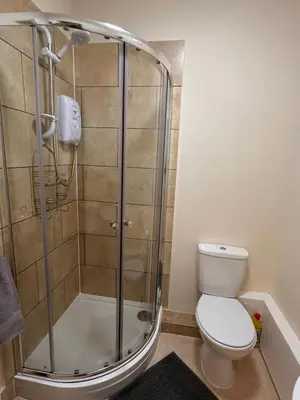 a bathroom with a shower and a toilet at 2 Bell Street in Talgarth