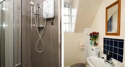 two pictures of a bathroom with a shower and a sink at Rooms by Maes y mor Town Centre in Aberystwyth