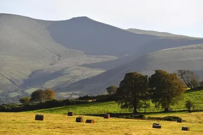 a field with hay bales in front of a mountain at Captains Lookout (Studio apartment) in Brecon