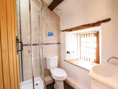 a bathroom with a toilet and a shower and a sink at Cwm Yr Afon Mawr in Llanbedr