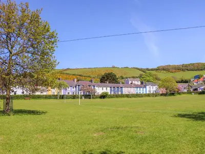 a large green field with houses and a tree at Bari in Aberaeron