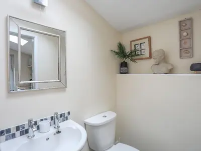 a bathroom with a white toilet and a mirror at Little House in Llandecwyn