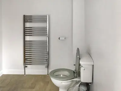 a bathroom with a toilet and a towel rack at Brynich Villa in Brecon