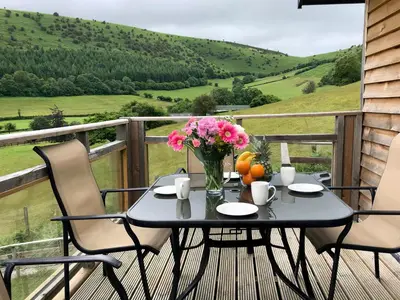 a table with flowers on a balcony with a view at Offa's Dyke Lodge - Uk10835 in Old Radnor