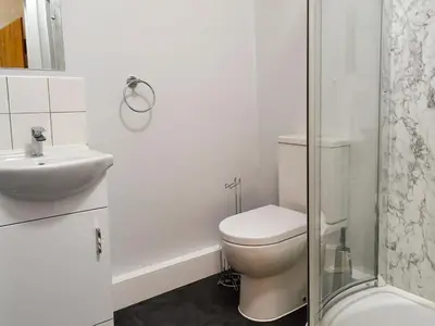a white bathroom with a toilet and a sink at Tyddyn Eli in Llangwm