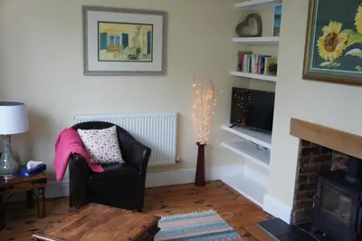 a living room with a chair and a television at Magnolia Cottage in Church Stretton