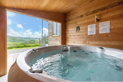 a hot tub in a wooden room with a window at 1 Bed in Lower Chapel oc-waa396 in Lower Chapel