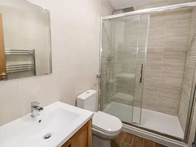 a bathroom with a toilet and a sink and a shower at The Blue Lion in Cynwyd