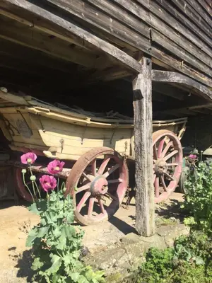 an old wooden cart with two large wheels next to flowers at Lower House Farm B&B, Herefordshire in Hergest