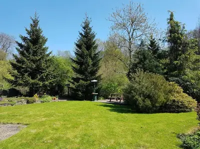 a park with trees and a picnic table in the grass at Old Bake House Cottage @ Cwm Mill in Michaelchurch Escley