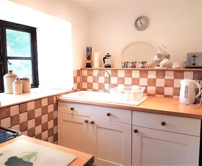 a kitchen with a sink and a counter top at Old Bake House Cottage @ Cwm Mill in Michaelchurch Escley