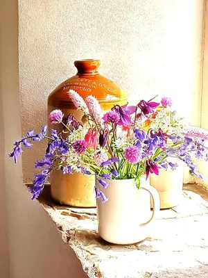 a group of flowers in vases on a shelf at Old Bake House Cottage @ Cwm Mill in Michaelchurch Escley