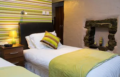 a bedroom with two beds and a night stand with a lamp at Gwesty Minffordd Hotel in Tal-y-llyn