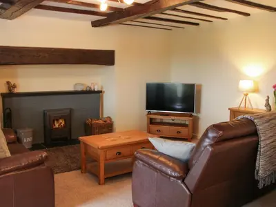 a living room with a couch and a tv and a fireplace at Caesamson in Caersws