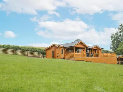 a wooden house on a hill in a field at Manor Farm Lodges - Dragon Lodge in Newtown