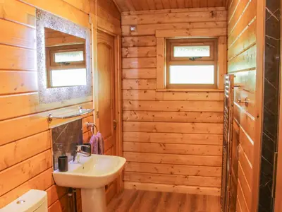 a bathroom with wooden walls and a sink and a mirror at Manor Farm Lodges - Dragon Lodge in Newtown